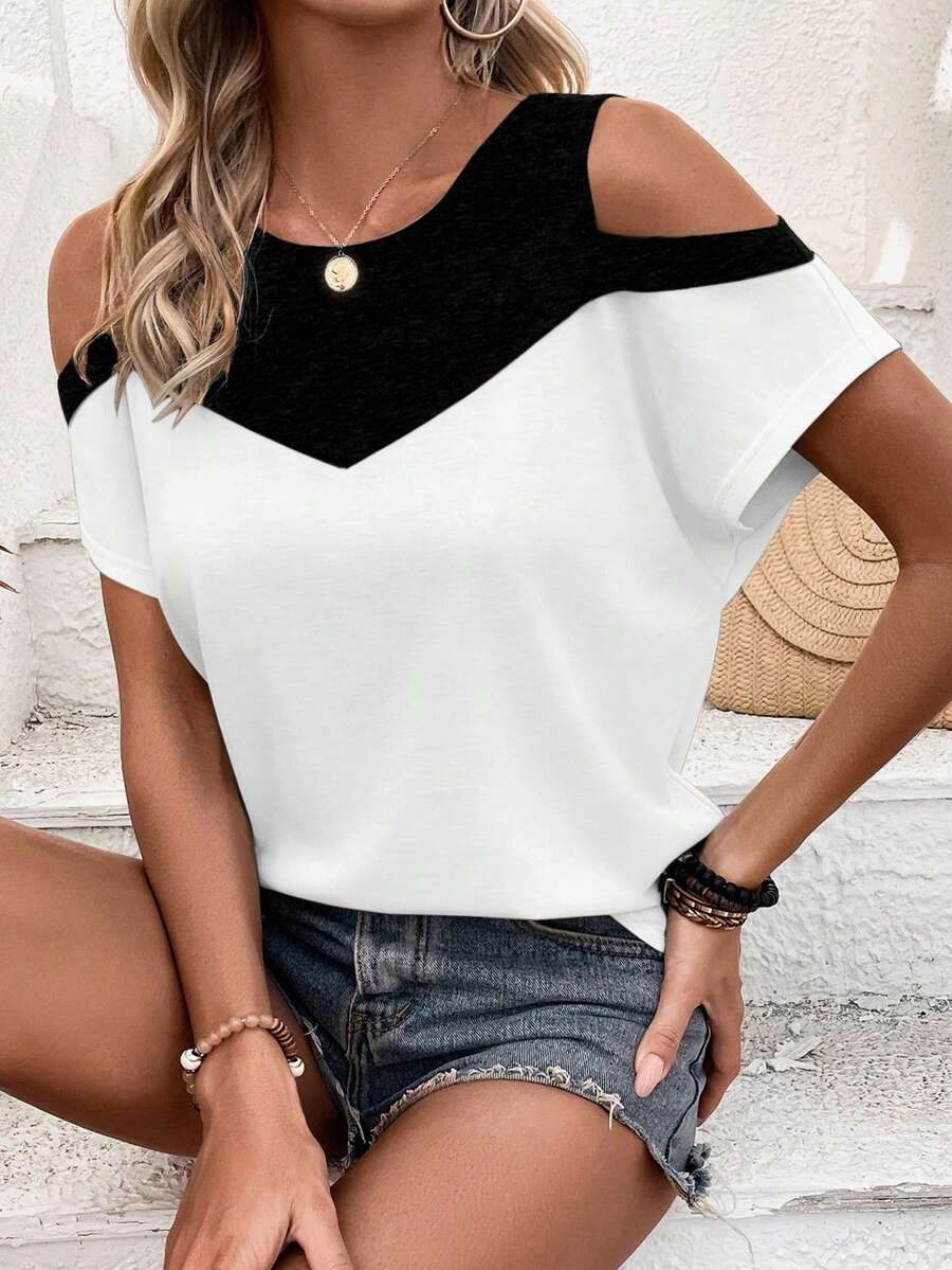 SHEIN LUNE Color Block Open Shoulder T-Shirt Graphic Tees Women Tops - Multicolor - View 1