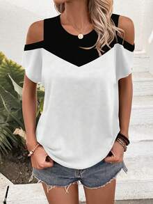 SHEIN LUNE Color Block Open Shoulder T-Shirt Graphic Tees Women Tops - Multicolor - View 8