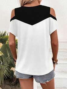 SHEIN LUNE Color Block Open Shoulder T-Shirt Graphic Tees Women Tops - Multicolor - View 2