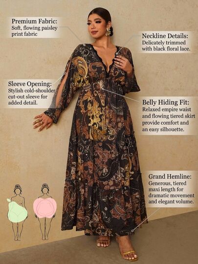Travachic CURVE+ Brown Paisley Print V-Neck Cutout Shoulder Lace Trim Ruffle Hem Dress, Tummy Control Elegant Boho Dress For Vacation Party Holiday, Fall