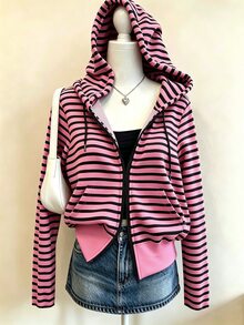 Resyla Currently Popular, Fashion , Striped Slim-Fit Hooded Sweatshirt, Girls' Autumn High-End Vintage Jacket - Multicolor - View 1