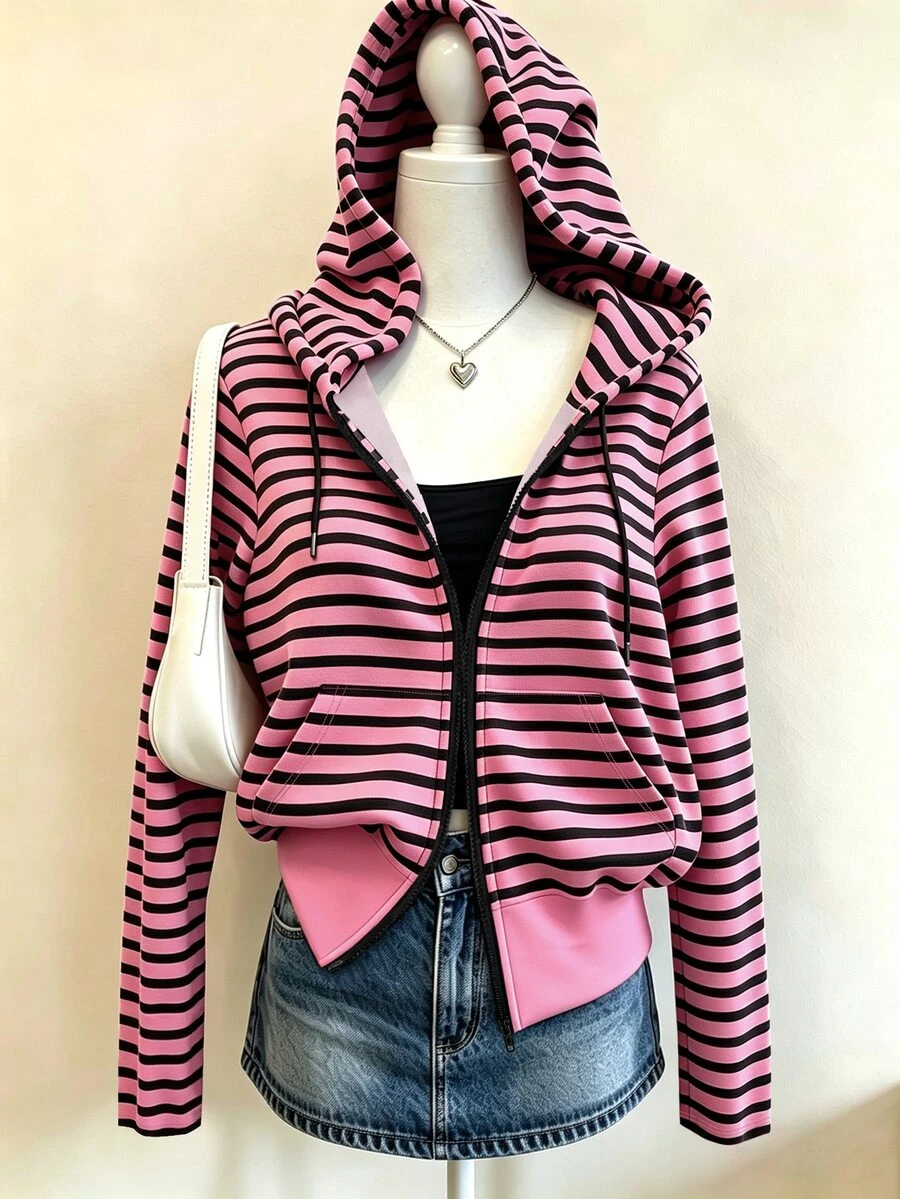 Resyla Currently Popular, Fashion , Striped Slim-Fit Hooded Sweatshirt, Girls' Autumn High-End Vintage Jacket - Multicolor - View 1