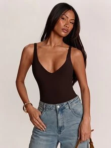 SHEIN BAE بودي سوت نسائي بلون موحد كاجوال بدون أكمام - قهوة بني - مشاهدة 3