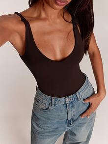 SHEIN BAE بودي سوت نسائي بلون موحد كاجوال بدون أكمام - قهوة بني - مشاهدة 4