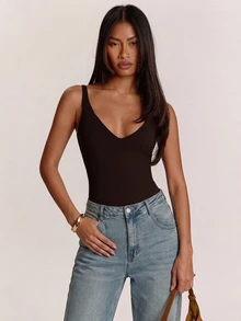 SHEIN BAE بودي سوت نسائي بلون موحد كاجوال بدون أكمام - قهوة بني - مشاهدة 6