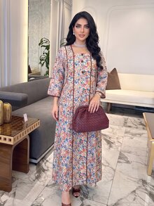 Al Najma 春秋配色拼接小碎花鈕扣裝飾七分袖寬鬆休閒極簡長洋裝 大尺碼女款 - 卡其色 - 查看 6