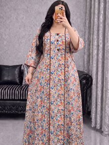 Al Najma 春秋配色拼接小碎花鈕扣裝飾七分袖寬鬆休閒極簡長洋裝 大尺碼女款 - 卡其色 - 查看 1
