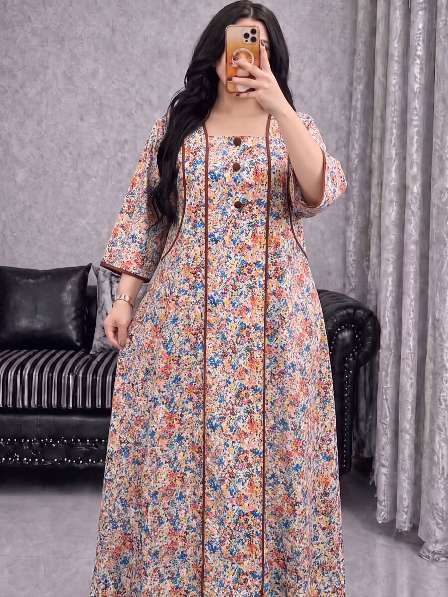 Al Najma 春秋配色拼接小碎花鈕扣裝飾七分袖寬鬆休閒極簡長洋裝 大尺碼女款 - 卡其色 - 查看 1