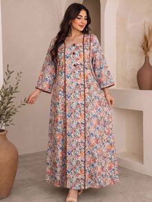 Al Najma 春秋配色拼接小碎花鈕扣裝飾七分袖寬鬆休閒極簡長洋裝 大尺碼女款 - 卡其色 - 查看 5