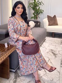 Al Najma 春秋配色拼接小碎花鈕扣裝飾七分袖寬鬆休閒極簡長洋裝 大尺碼女款 - 卡其色 - 查看 4