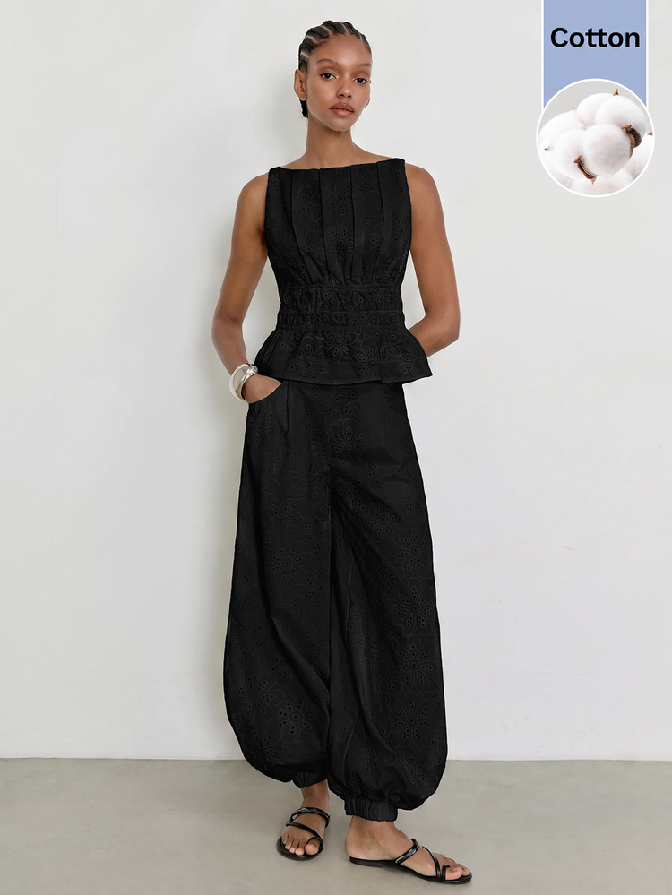 Maija Women's Summer Casual Solid Color Hollow Embroidery Tank Top - Black - View 2