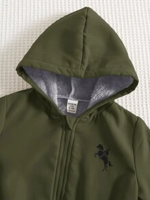 SHEIN 2件組男嬰保暖內裡刷毛加厚連帽小馬動物印花常規肩寬冬季夾克與休閒運動基本款長褲套裝，適合冬季 - 軍綠色 - 查看 4