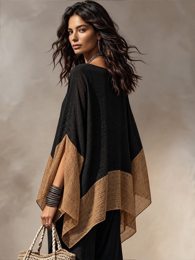 Trelyra Women's Autumn/Winter Casual Elegant V-Neck Batwing Sleeve Bohemian Patchwork Oversized Flowy Cover Up, Black Top For Outings, Back To School, Casual Commute, Cover-Up, Holiday Outfit, Halloween, Office Wear, Business, Teacher - Black - View 2