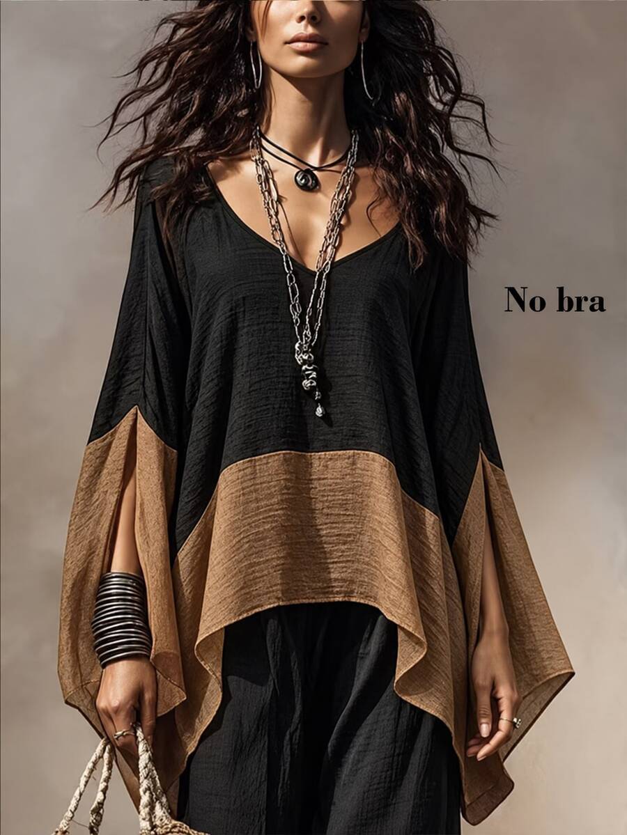 Trelyra 女款秋冬休閒優雅V領蝙蝠袖波希米亞拼接大尺寸飄逸罩衫，黑色上衣，適合外出、返校、休閒通勤、遮蓋、度假穿搭、萬聖節、辦公室穿著、商務、教師
