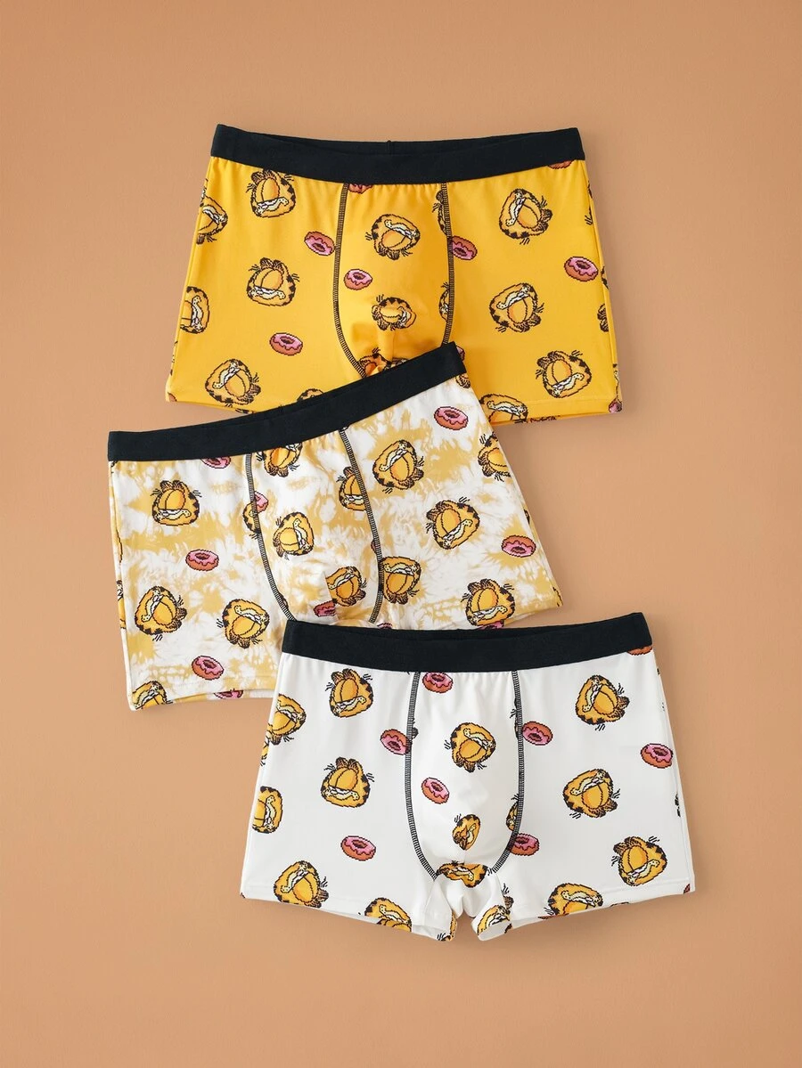 GARFIELD | SHEIN 男士拼色卡通印花休閒日常四角內褲 - 黃色 - 查看 1