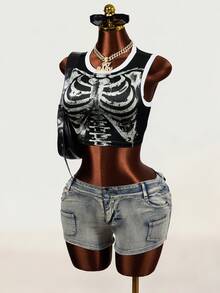 Mistrie Women's Casual Goth Sexy Colorblock Patchwork Skull Print Fashion Tank Top Halloween Night Club Black And White Summer - Black - View 4