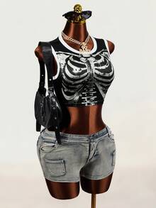 Mistrie Women's Casual Goth Sexy Colorblock Patchwork Skull Print Fashion Tank Top Halloween Night Club Black And White Summer - Black - View 3