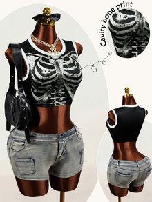 Mistrie Women's Casual Goth Sexy Colorblock Patchwork Skull Print Fashion Tank Top Halloween Night Club Black And White Summer - Black - View 8