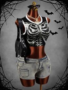 Mistrie Women's Casual Goth Sexy Colorblock Patchwork Skull Print Fashion Tank Top Halloween Night Club Black And White Summer - Black - View 1