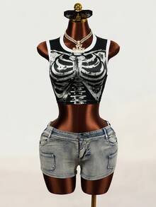 Mistrie Women's Casual Goth Sexy Colorblock Patchwork Skull Print Fashion Tank Top Halloween Night Club Black And White Summer - Black - View 5