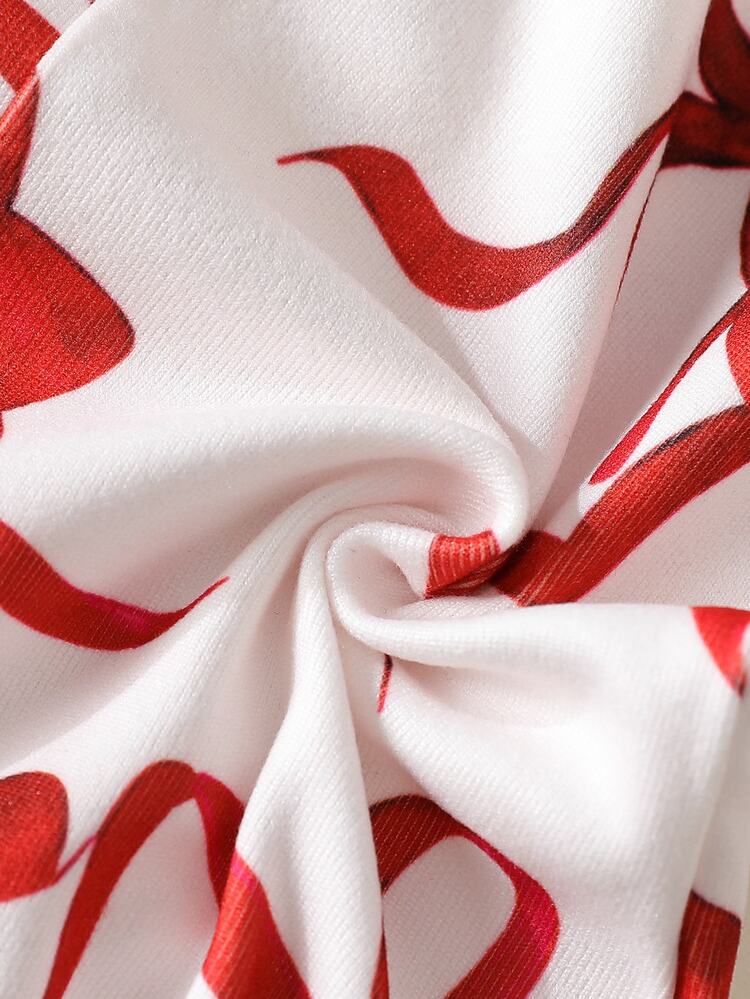 Snug Fit Pajama For Girls, Slim Fit Long Sleeve Long Pants One-Piece Style, Cute Butterfly-Knot Pattern Print Fabric, Comfortable For Girls' Home Wear And Sleepwear - Red and White - View 5