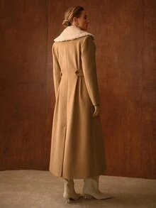 MOTF PREMIUM WOMEN'S AUTUMN/WINTER VINTAGE FUZZY LARGE LAPEL WAIST-TIE LONG OVERCOAT - Khaki - View 7