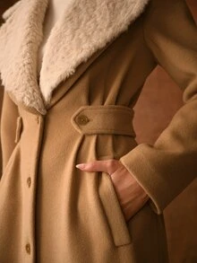 MOTF PREMIUM WOMEN'S AUTUMN/WINTER VINTAGE FUZZY LARGE LAPEL WAIST-TIE LONG OVERCOAT - Khaki - View 2