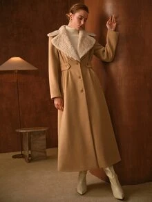 MOTF PREMIUM WOMEN'S AUTUMN/WINTER VINTAGE FUZZY LARGE LAPEL WAIST-TIE LONG OVERCOAT - Khaki - View 6