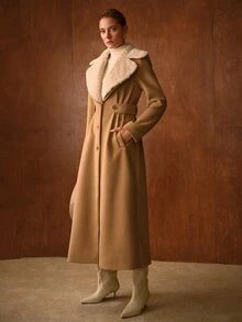 MOTF PREMIUM WOMEN'S AUTUMN/WINTER VINTAGE FUZZY LARGE LAPEL WAIST-TIE LONG OVERCOAT - Khaki - View 3