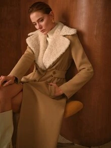 MOTF PREMIUM WOMEN'S AUTUMN/WINTER VINTAGE FUZZY LARGE LAPEL WAIST-TIE LONG OVERCOAT - Khaki - View 1