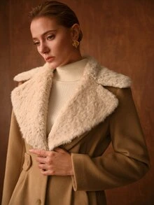 MOTF PREMIUM WOMEN'S AUTUMN/WINTER VINTAGE FUZZY LARGE LAPEL WAIST-TIE LONG OVERCOAT - Khaki - View 5