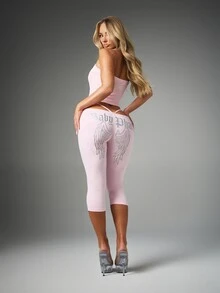 BABYPHAT Capri Leggings With Glitter Wing Print And Strappy Low Rise Waistband Detail - Pink - View 2