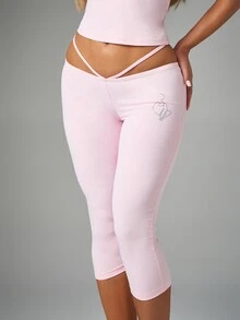 BABYPHAT Capri Leggings With Glitter Wing Print And Strappy Low Rise Waistband Detail - Pink - View 4
