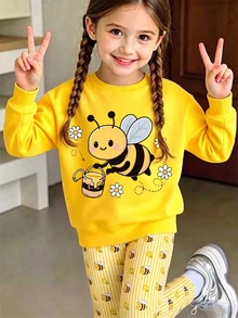Setelan Pakaian Musim Gugur 2 Potong untuk Anak Perempuan: Sweatshirt Crewneck Bergambar Lebah dan Bunga serta Legging Bergaris - MultiWarna - View 1