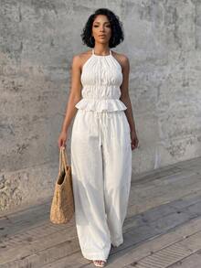 Eryvara Women's Fall White Halter Wide-Leg 2-Piece Set,Peplum Top High-Waist Drawstring Straight Pants,Elegant Occasion Wear For Island Vacation And Commuting - White - View 5