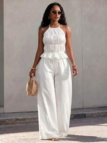 Eryvara Women's Fall White Halter Wide-Leg 2-Piece Set,Peplum Top High-Waist Drawstring Straight Pants,Elegant Occasion Wear For Island Vacation And Commuting - White - View 9