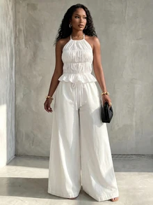 Eryvara Women's Fall White Halter Wide-Leg 2-Piece Set,Peplum Top High-Waist Drawstring Straight Pants,Elegant Occasion Wear For Island Vacation And Commuting - White - View 2