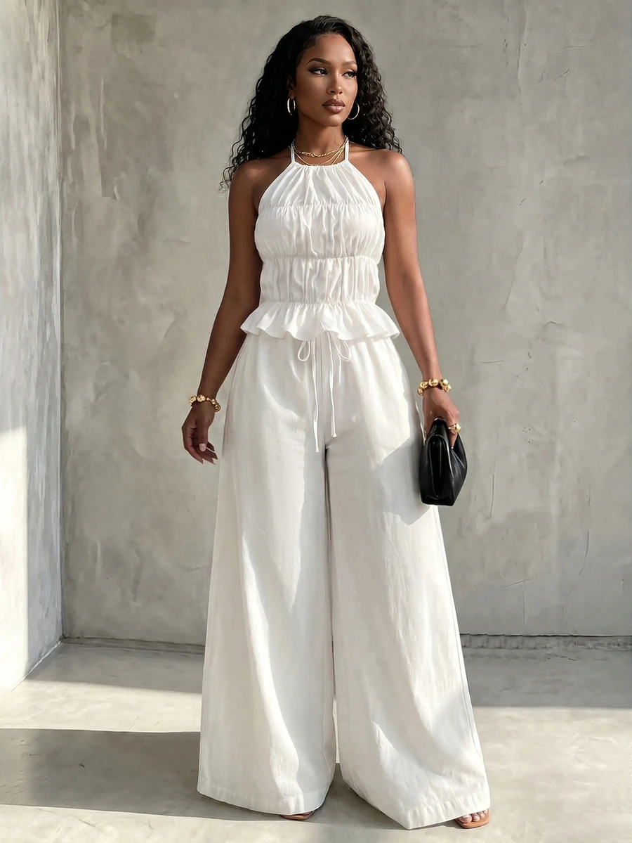Eryvara Women's Fall White Halter Wide-Leg 2-Piece Set,Peplum Top High-Waist Drawstring Straight Pants,Elegant Occasion Wear For Island Vacation And Commuting