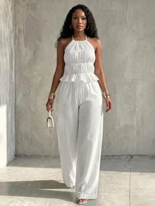 Eryvara Women's Fall White Halter Wide-Leg 2-Piece Set,Peplum Top High-Waist Drawstring Straight Pants,Elegant Occasion Wear For Island Vacation And Commuting - White - View 4