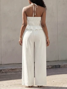 Eryvara Women's Fall White Halter Wide-Leg 2-Piece Set,Peplum Top High-Waist Drawstring Straight Pants,Elegant Occasion Wear For Island Vacation And Commuting - White - View 3