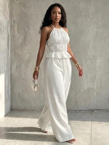 Eryvara Women's Fall White Halter Wide-Leg 2-Piece Set,Peplum Top High-Waist Drawstring Straight Pants,Elegant Occasion Wear For Island Vacation And Commuting - White - View 8