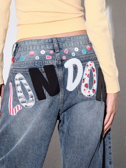 Jeans da donna Y2K Millennium retrò a quadri con patchwork floreale ricamato a bandiera, larghi, casual, vita bassa