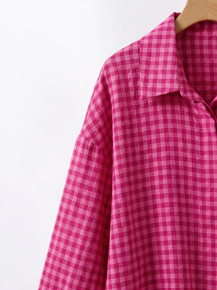SHEIN LUNE Plus Plaid Print Drop Shoulder Shirt Autumn Formal Vacation Birthday Pink Casual 80s 90s - Hot Pink - View 5