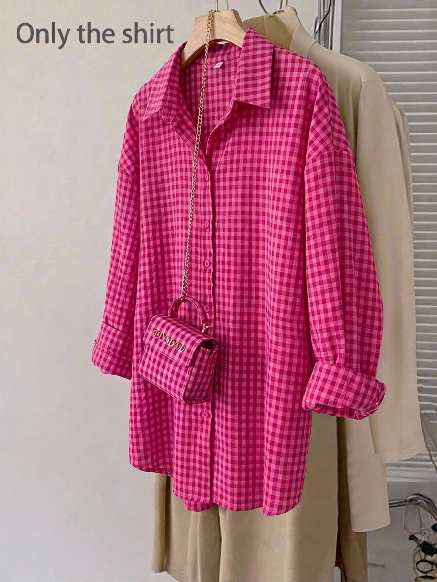 SHEIN LUNE 大碼格紋印花落肩襯衫 秋季 正式 度假 生日 粉色 休閒 80年代 90年代 - 玫紅色 - 查看 1