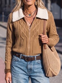 LanaWest Women's Contrast Color Lapel 3D Cable Knit Slim Fit Cropped Zip-Up Cardigan, Autumn/Winter Casual Maillard Style - Brown - View 3