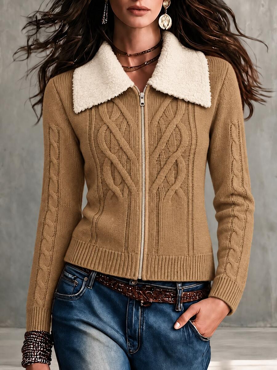 LanaWest Women's Contrast Color Lapel 3D Cable Knit Slim Fit Cropped Zip-Up Cardigan, Autumn/Winter Casual Maillard Style - Brown - View 1