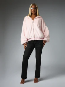 BABYPHAT Faux Fur Zip-Up Hoodie With Embroidered Back Logo And Crystal Charm Pull - Oversized Fluffy Jacket - Baby Pink - View 3