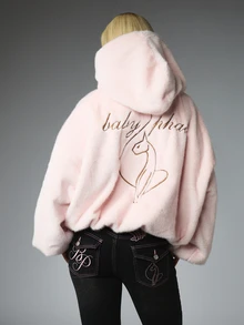 BABYPHAT Faux Fur Zip-Up Hoodie With Embroidered Back Logo And Crystal Charm Pull - Oversized Fluffy Jacket - Baby Pink - View 2