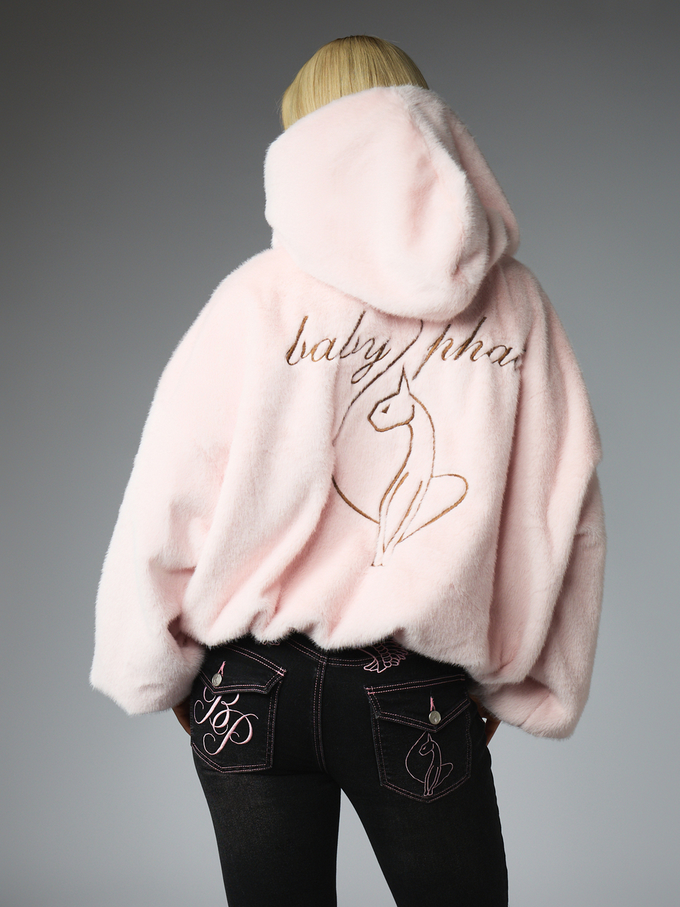 BABYPHAT Faux Fur Zip-Up Hoodie With Embroidered Back Logo And Crystal Charm Pull - Oversized Fluffy Jacket