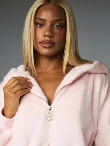BABYPHAT Faux Fur Zip-Up Hoodie With Embroidered Back Logo And Crystal Charm Pull - Oversized Fluffy Jacket - Baby Pink - View 4